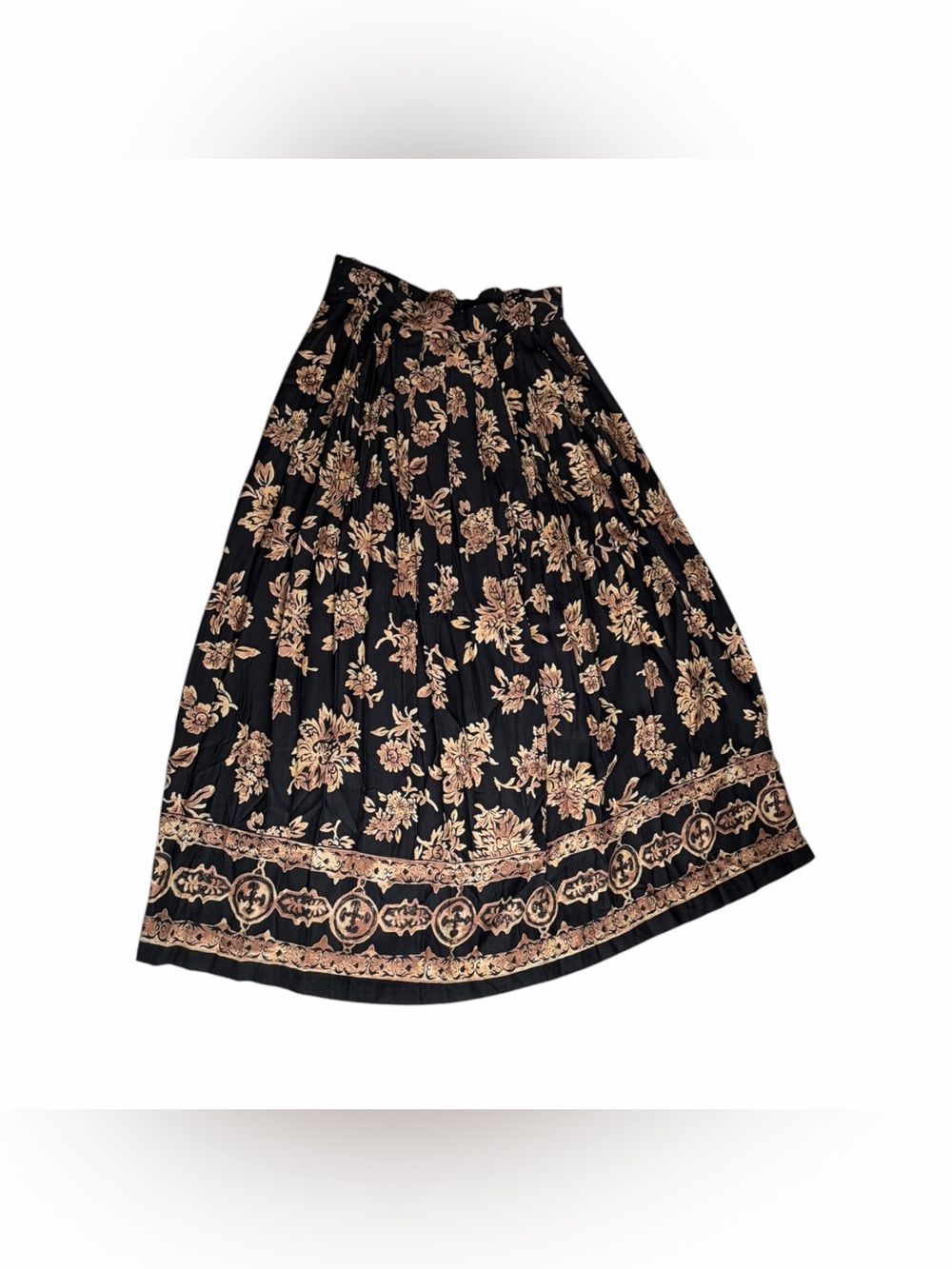 Private Concepts 90s Vintage Maxi Skirt Black Gold Foral Pleated Boho Skirt Sz S